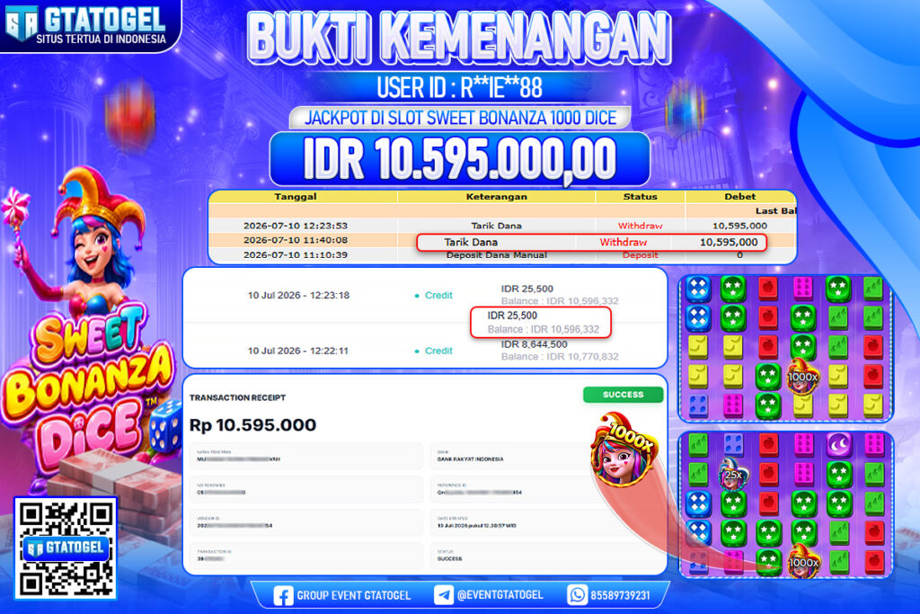 BUKTI WITHDRAW GTATOGEL KEMENANGAN JACKPOT DI SLOT SWEET BONANZA 1000 DICE