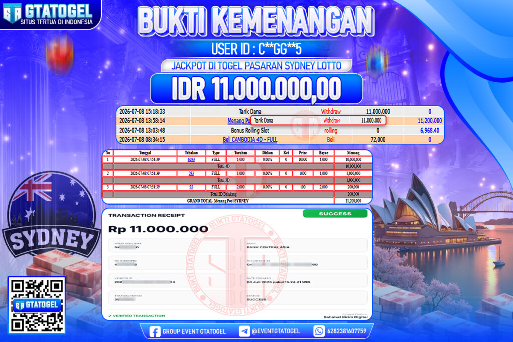BUKTI WITHDRAW GTATOGEL KEMENANGAN JACKPOT DI TOGEL PASARAN SYDNEY LOTTO