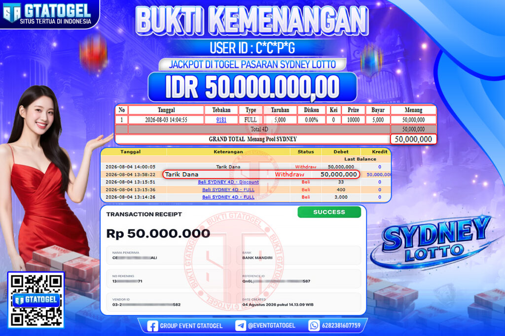 BUKTI WITHDRAW GTATOGEL KEMENANGAN JACKPOT DI TOGEL PASARAN SYDNEY LOTTO