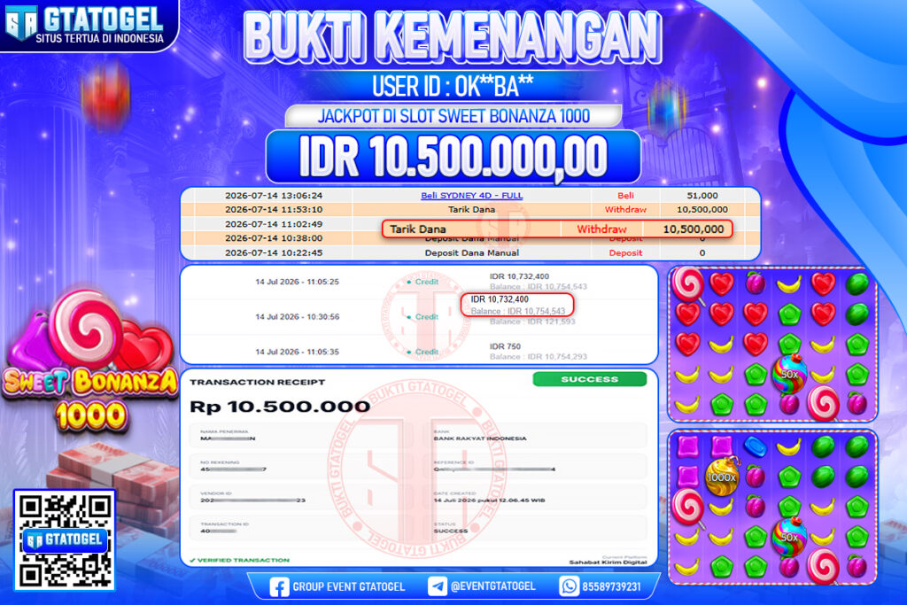 BUKTI WITHDRAW GTATOGEL KEMENANGAN JACKPOT DI SLOT SWEET BONANZA 1000